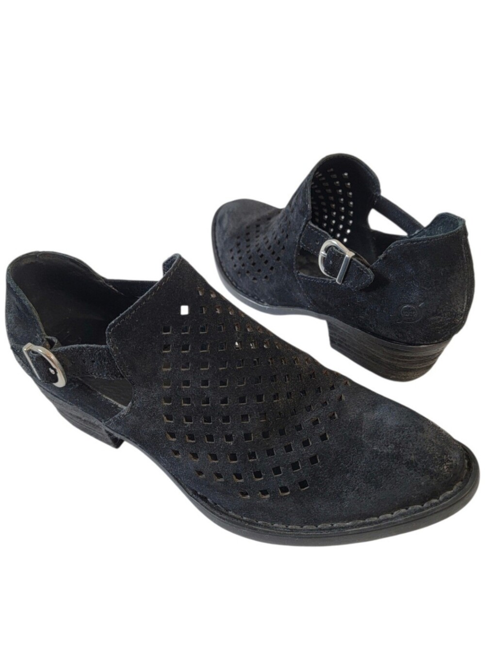 Born Nanna Black Suede Perforated Booties Ankle Boots Sz 8M Boho Buckle Comfort